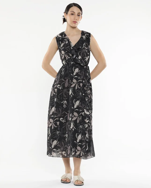 Rareism Women Licia Black Sleeveless Over Lap Neck Loop A-Line Floral Print Maxi Dress Trendy Button Front Maxi Dress Rareism Women Licia Black Sleeveless Over Lap Neck Loop A-Line Floral Print Maxi Dress Trendy Button Front Maxi Dress