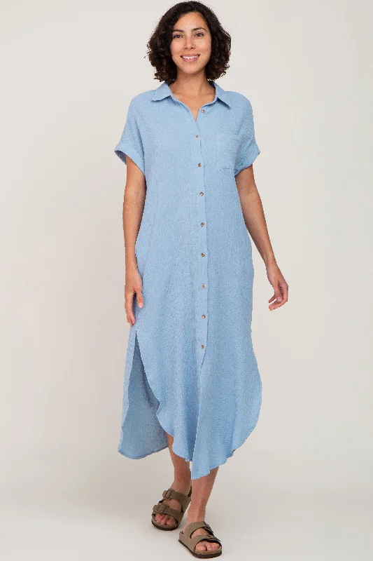 Light Blue Button Down Midi Dress Comfortable Ribbed Midi Dress