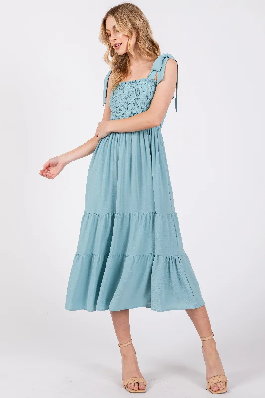 Light Blue Smocked Tie Strap Tiered Midi Dress Fashionable Skater Midi Dress