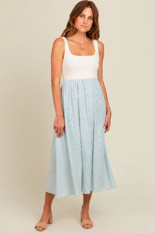 Light Blue Striped Knit Contrast Midi Dress Trendy Off-Shoulder Ruffle Midi Dress