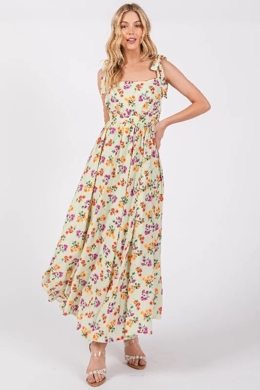 Light Olive Floral Open Back Midi Dress Fashionable Skater Midi Dress