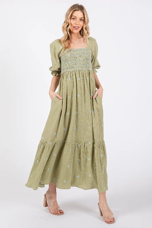 Light Olive Gauze Smocked Embroidered Square Neck Midi Dress Stylish Tiered Midi Dress