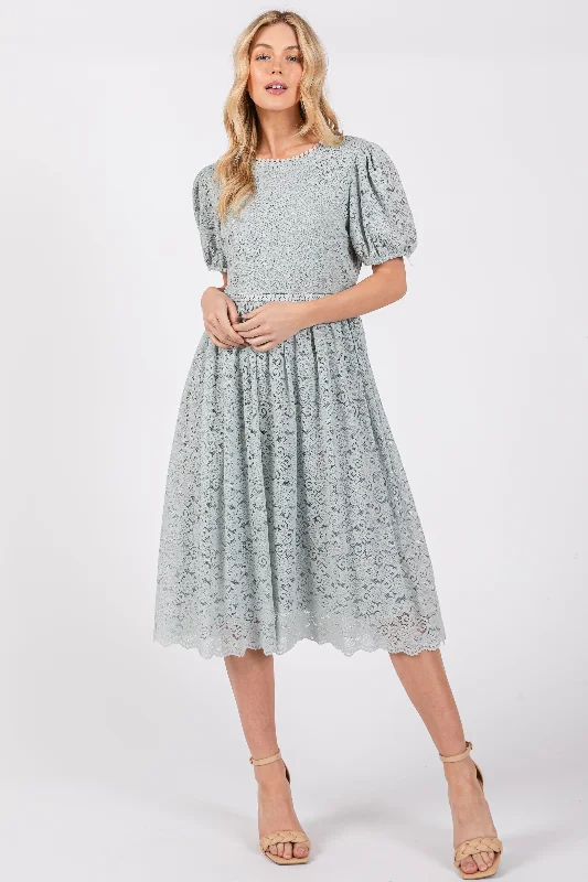 Light Olive Lace Midi Dress Fashionable Sheer Sleeve Midi Dress