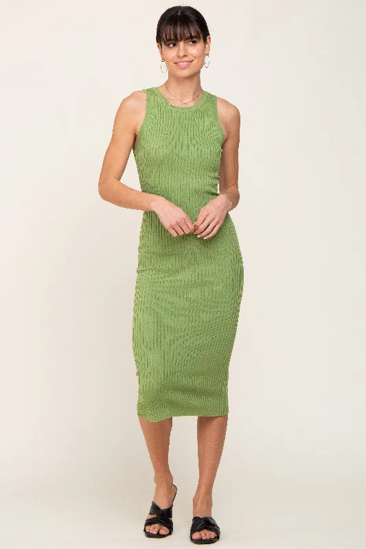 Light Olive Ribbed Racerback Midi Dress Comfortable Adjustable Strap Midi Dress