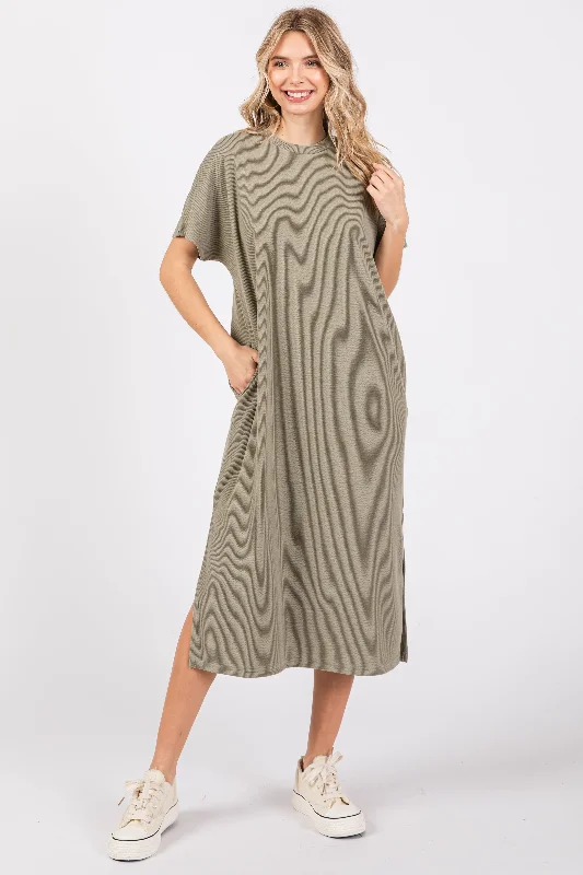 Light Olive Ribbed Short Dolman Sleeve Side Slit Midi Dress Stylish Midi Dress with Cuffs