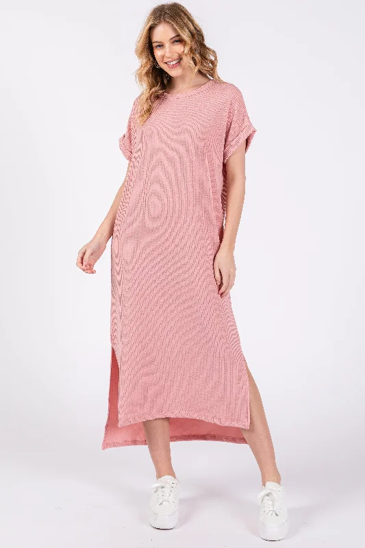 Light Pink Ribbed Short Sleeve Midi Dress Comfortable Denim Midi Dress