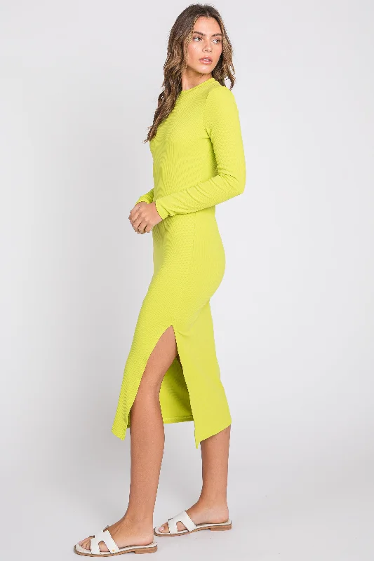 Lime Ribbed Mock Neck Long Sleeve Midi Dress Elegant Sleeveless Midi Dress