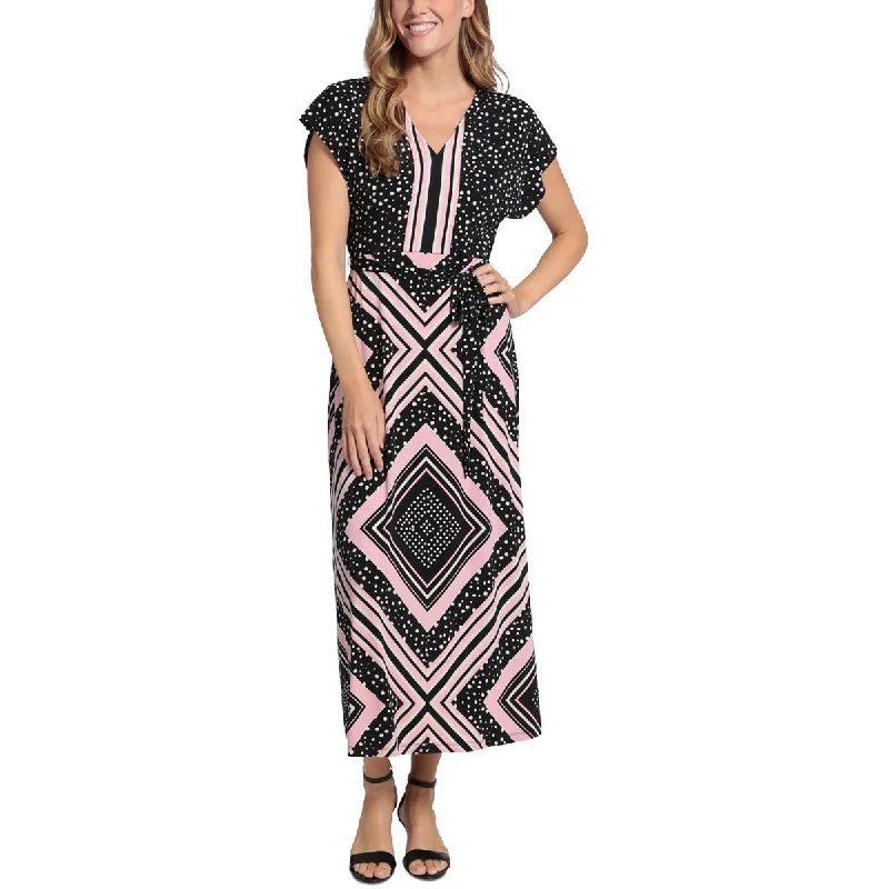 London Times Womens Petites Printed Long Maxi Dress Elegant Lace-Up Maxi Dress