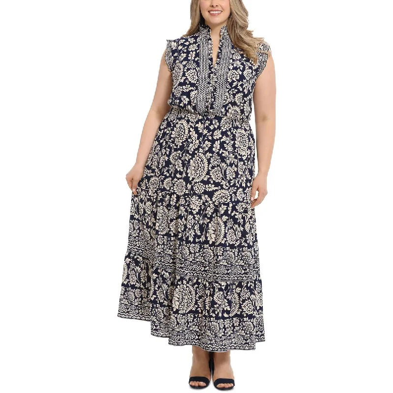 London Times Womens Plus Floral Print Pleated Maxi Dress Stylish Boho Chic Maxi Dress