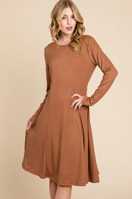 Long Sleeve Midi Dress Style 1237 in Camel Trendy Floral Wrap Midi Dress