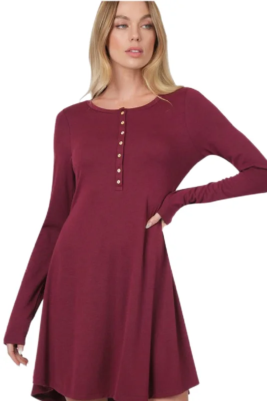 Long Sleeve Midi Dress with Buttons Style 8109 in Dark Burgundy Comfortable Stretch Midi Dress