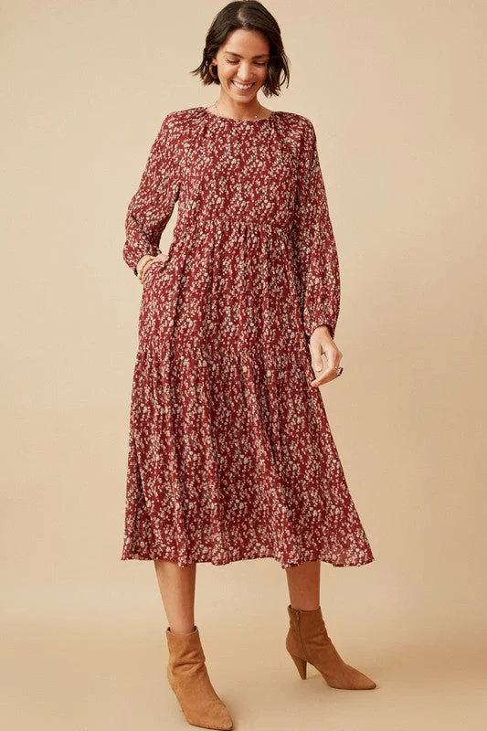 Long Sleeve Tiered Midi Dress Style 6541 in Burgundy Fashionable Skater Midi Dress