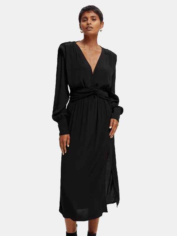 Long sleeved belted v-neck midi dress Elegant Faux Wrap Midi Dress