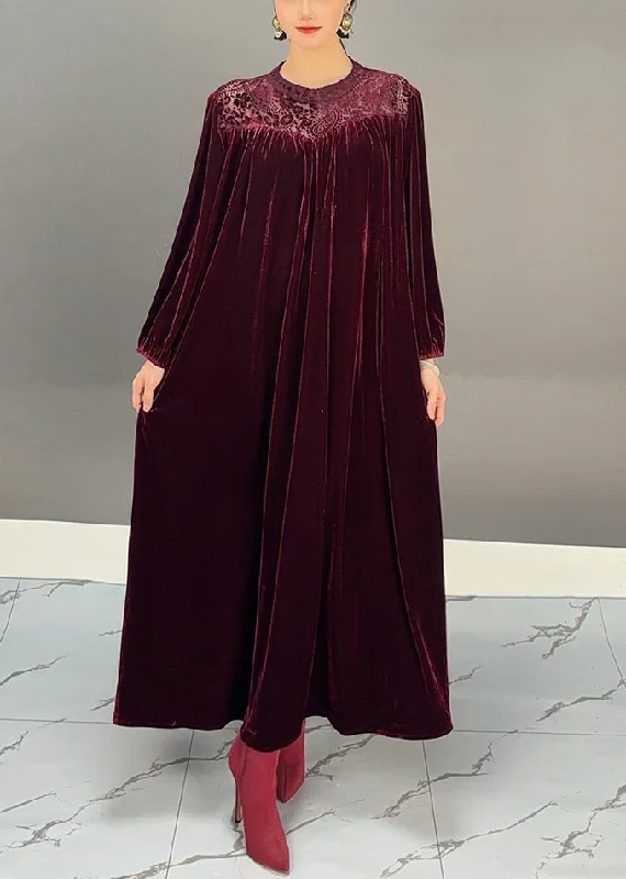 Loose Purple Red O Neck Solid Silk Velvet Maxi Dress Fall Comfortable Bohemian Maxi Dress