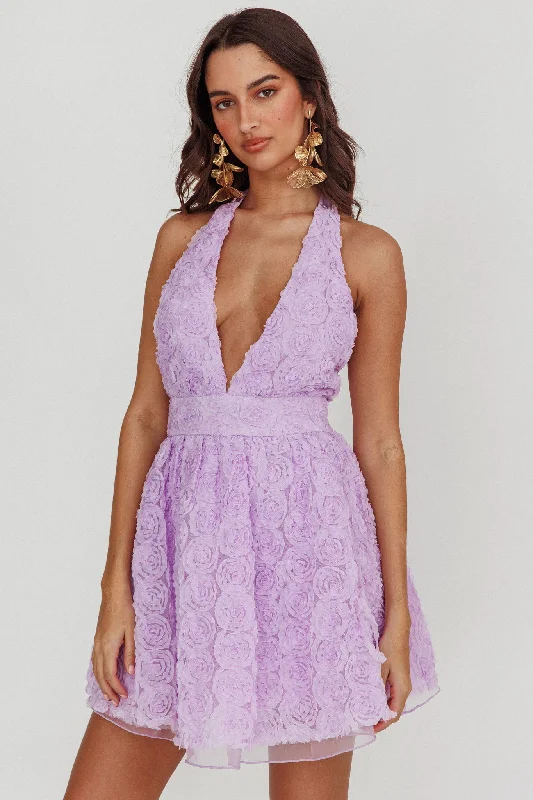 Lovelle Halter Neck Rosette Mini Dress Lavender Trendy Crossover Mini Dress