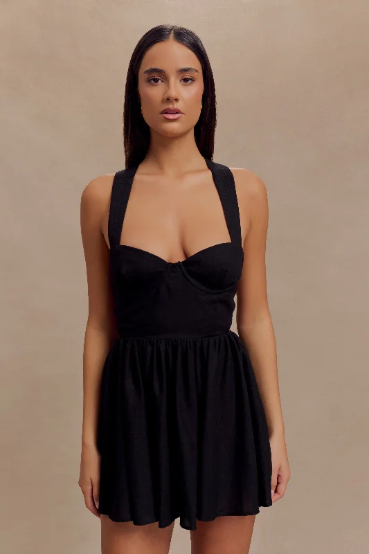 Loz Tie Back Linen Mini Dress - Black Fashionable Mini Dress with Pockets