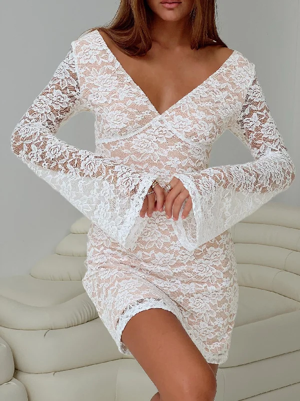 Maieve Long Sleeve Lace Mini Dress White Fashionable Mini Dress with Pockets