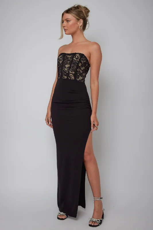Maravilla Lace Bodice Maxi Dress Black/Nude Classic Solid Maxi Dress