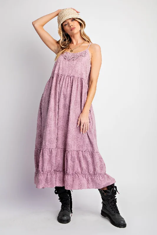 Mauve Embroidered Vintage Wash Midi Dress Trendy Flared Sleeve Midi Dress