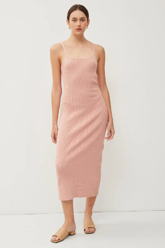 Mauve Knit Open Tie Back Midi Dress Elegant Pleated Detail Midi Dress