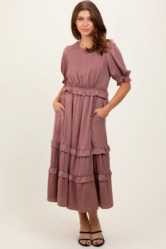 Mauve Satin Ruffle Trim Midi Dress Stylish Tiered Midi Dress