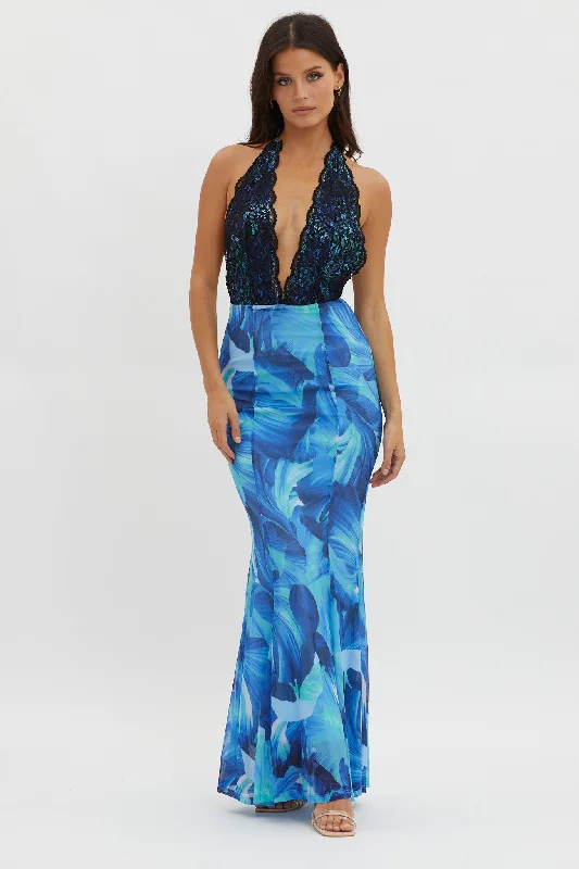 Mayah Lace Halterneck Maxi Dress Abstract Blue Elegant Floral Maxi Dress