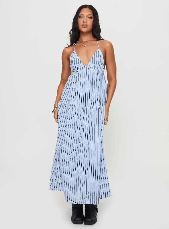 Mazzey Halter Maxi Dress Blue Stripe Cozy Ruffle Sleeve Maxi Dress