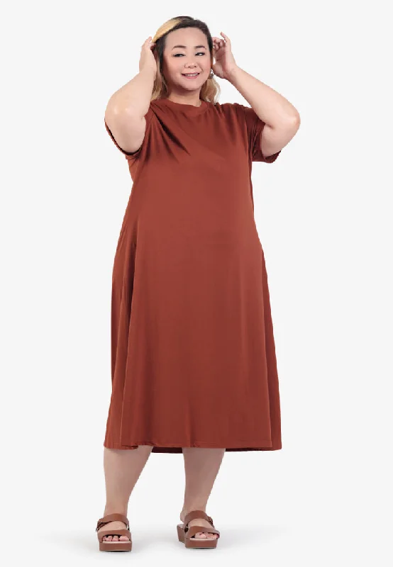 Collins Basic Cotton Midi Dress - Rust Brown Fashionable Floral Embroidery Midi Dress