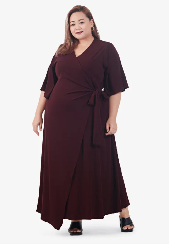Wilda Ribbed Faux Wrap Midi Dress - Burgundy Elegant Velvet Midi Dress