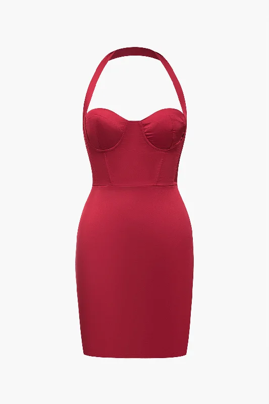 Solid Satin Halter Neck Bustier Mini Dress Cozy Cowl Neck Mini Dress