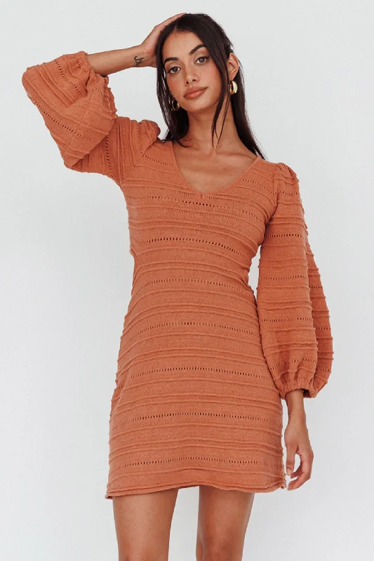 Meredith Long Sleeve Cut-Out Mini Dress Cinnamon Cozy Knit Mini Dress