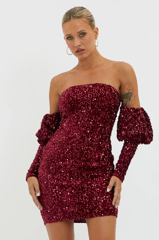 Merry & Bright Sequin Mini Dress Wine Stylish Puff Sleeve Mini Dress