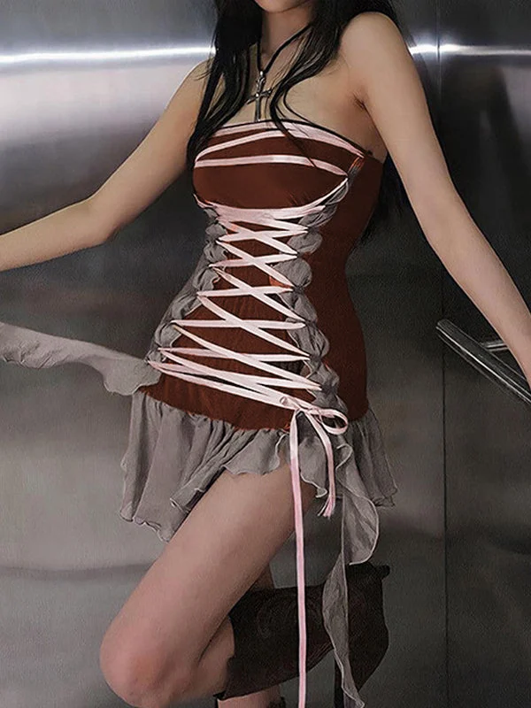 BerryBetty - Mesh Paneled Tie Strap Bandeau Mini Dress Classic Shift Mini Dress