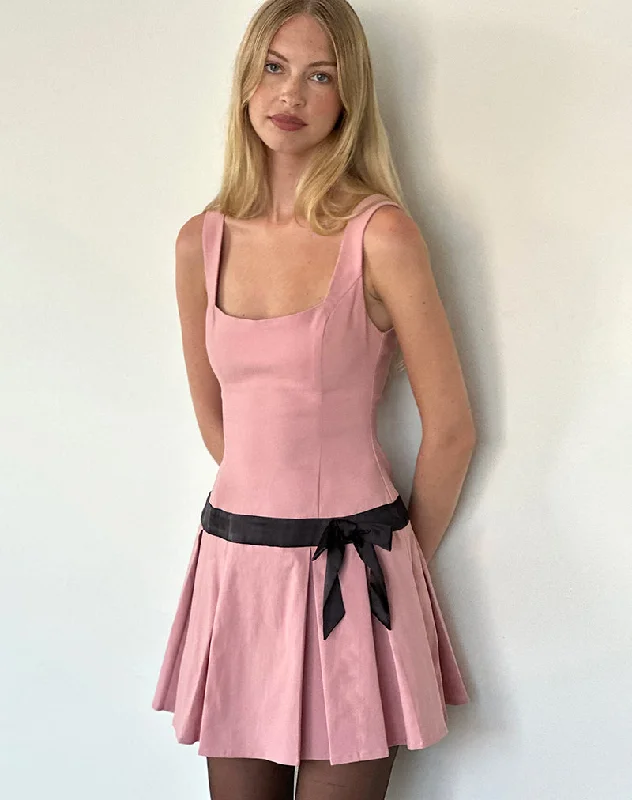 Michelia Mini Dress in Pink with Black Bow Classic Solid Mini Dress