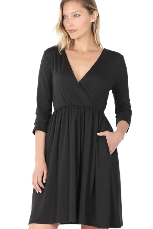 Midi Dress Style 2377 in Black or Mocha Stylish Pleated Skirt Midi Dress