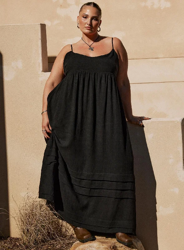 Milden Linen Blend Maxi Dress Black Curve Fashionable Open-Back Maxi Dress
