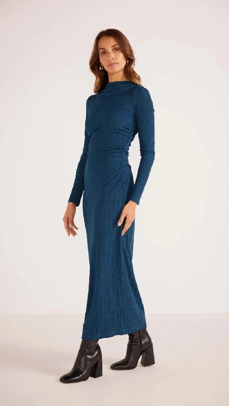 MinkPink Aria Ruched Midi Dress Cozy Midi Dress with Pockets