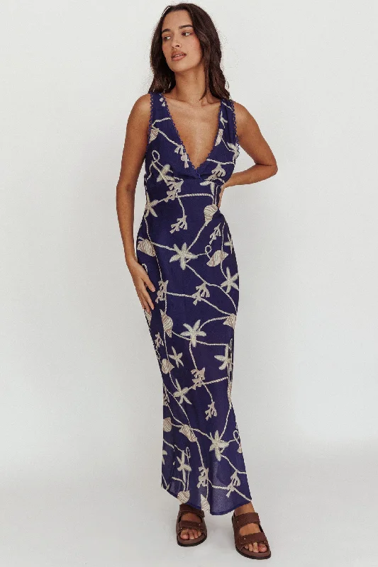 Miss Divine V-Neck Ocean Maxi Dress Blue Elegant Maxi Dress with Belt