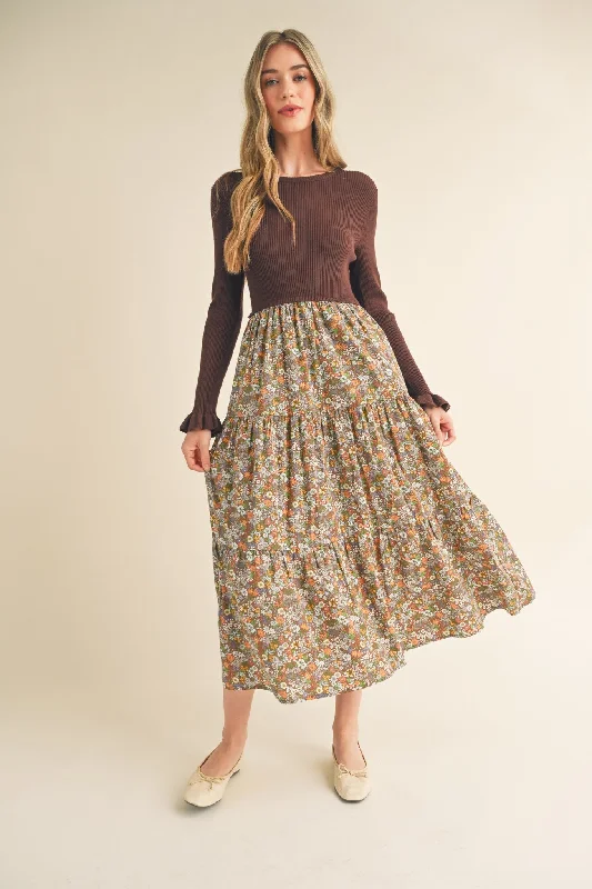 Mocha Floral Knit Midi Dress With Contrast Woven Skirt Stylish Button-Up Midi Dress