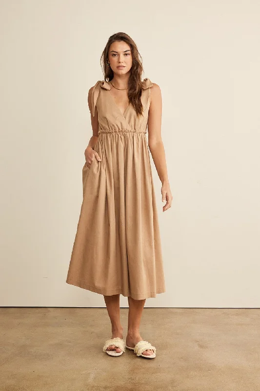 Mocha Linen Shoulder Tie Midi Dress Elegant Satin Slip Midi Dress