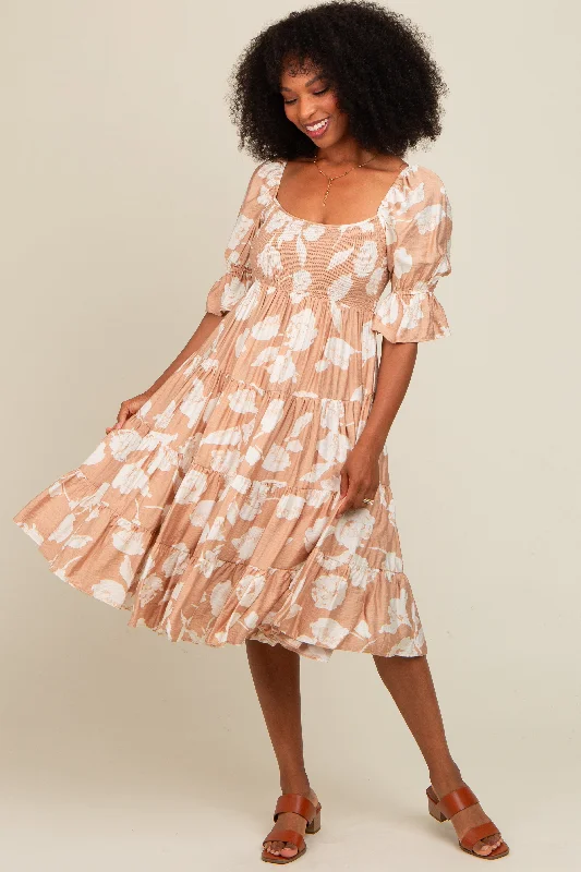 Mocha Rose Print Tiered Smocked Midi Dress Trendy A-Line Midi Dress