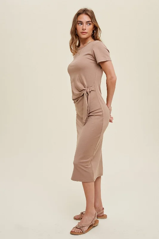 Mocha Side Tie Midi Dress Stylish High-Waisted Midi Dress