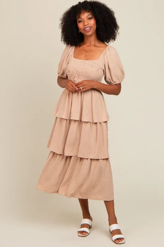 Mocha Smocked Body Ruffled Tiered Midi Dress Elegant Pleated Detail Midi Dress