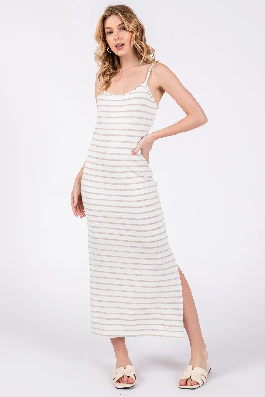 Mocha Striped Knit Side Slit Sleeveless Midi Dress Cozy Spaghetti Strap Midi Dress