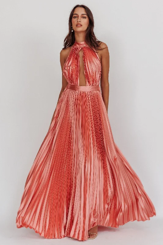 Monarch Pleated Satin Maxi Dress Rose Cozy Spaghetti Strap Maxi Dress