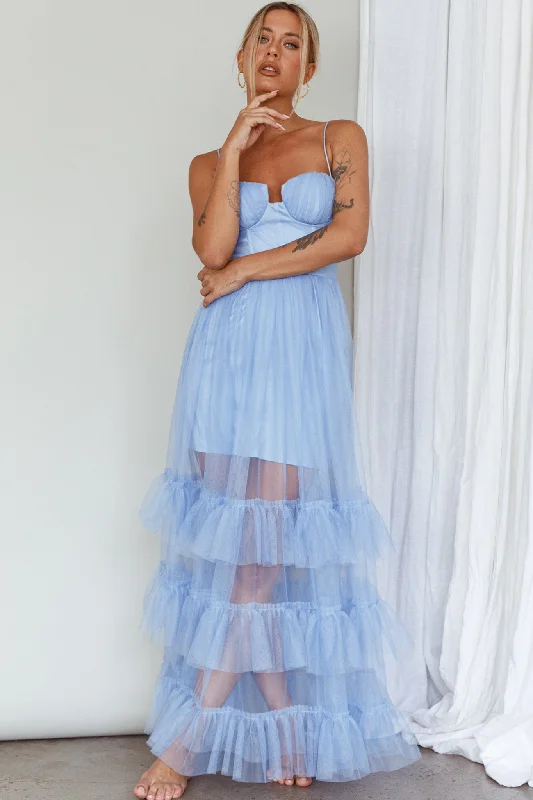 Moonlight Sonata Ruffle Mesh Maxi Dress Sky Blue Cozy Longline Maxi Dress