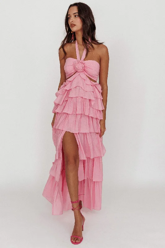 Morpheus Ruffle Halterneck Maxi Dress Pink Elegant Maxi Dress with Pockets