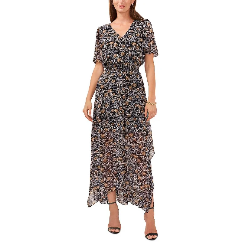 MSK Womens Floral Print Long Maxi Dress Cozy Ruffle Sleeve Maxi Dress