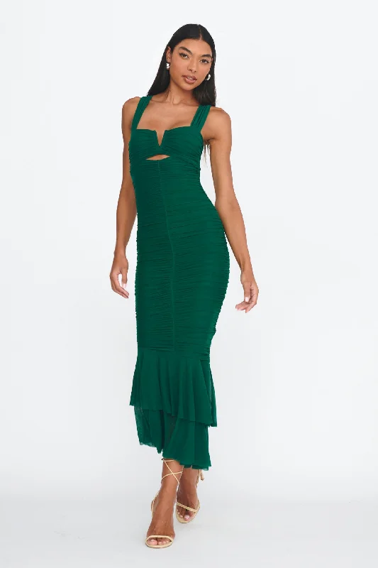 Nadia Ruched Fishtail Maxi Dress Green Cozy Open-Back Maxi Dress
