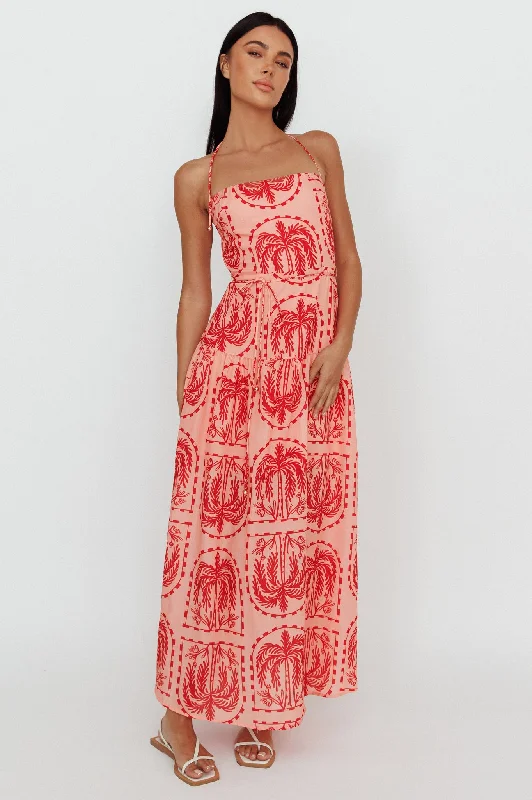 Natasia Halterneck Maxi Dress Palm Print Red Comfortable Pleated Maxi Dress